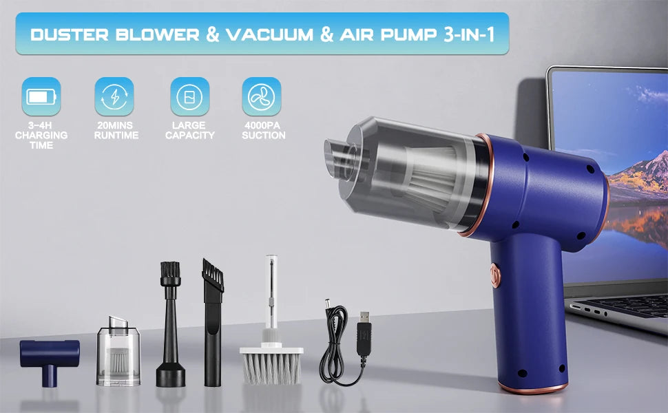 4000mAh Portable Compressed Air Duster Multi Air Blower & Vacuum Cleaner Cordless Duster Blower for Keyboard Computer Cleaning
