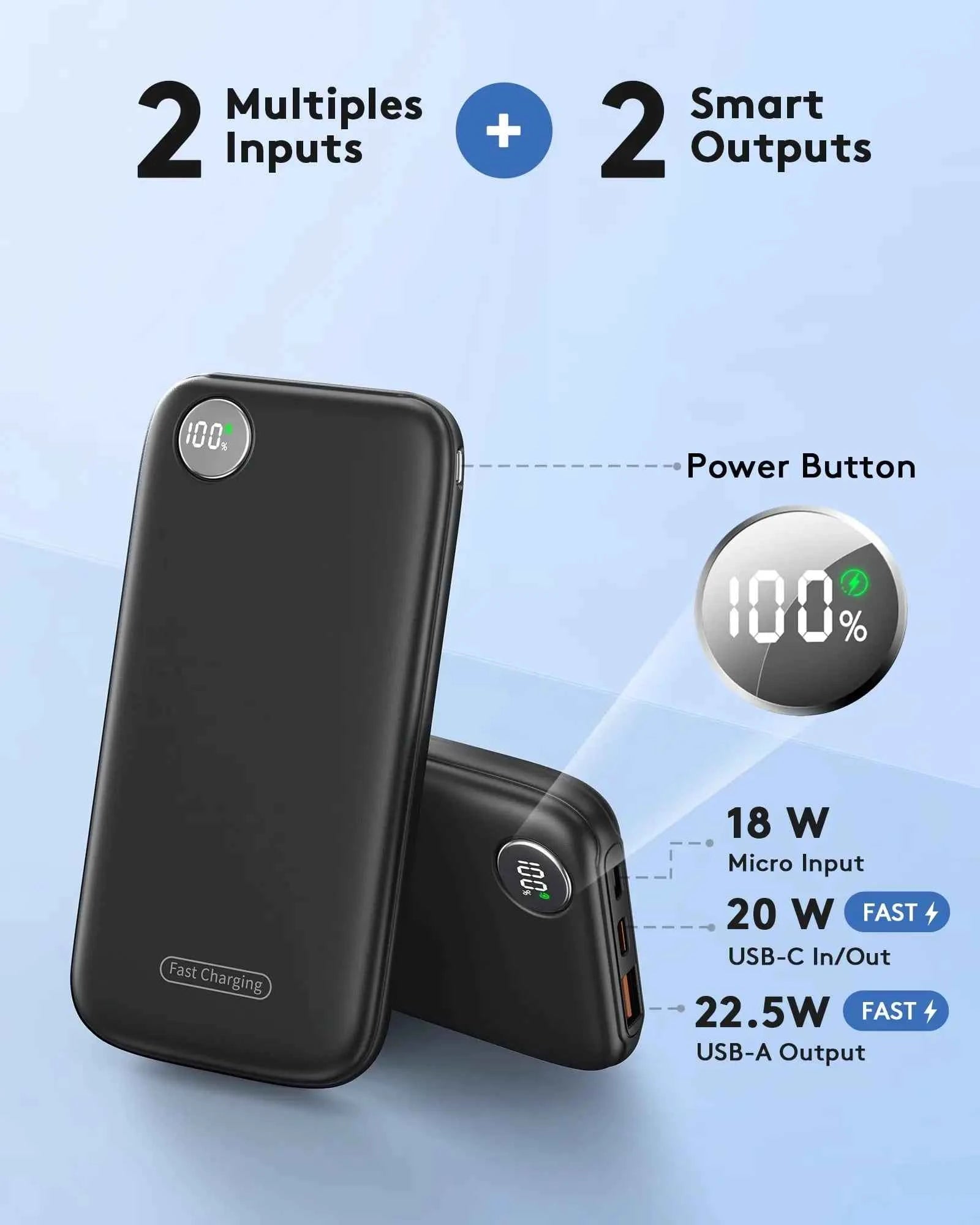 Ultra-Slim 10000mAh Portable Charger with Fast Charging (Max 12V/4.5A), USB-C Input/Output, Lightweight Travel Power Bank.