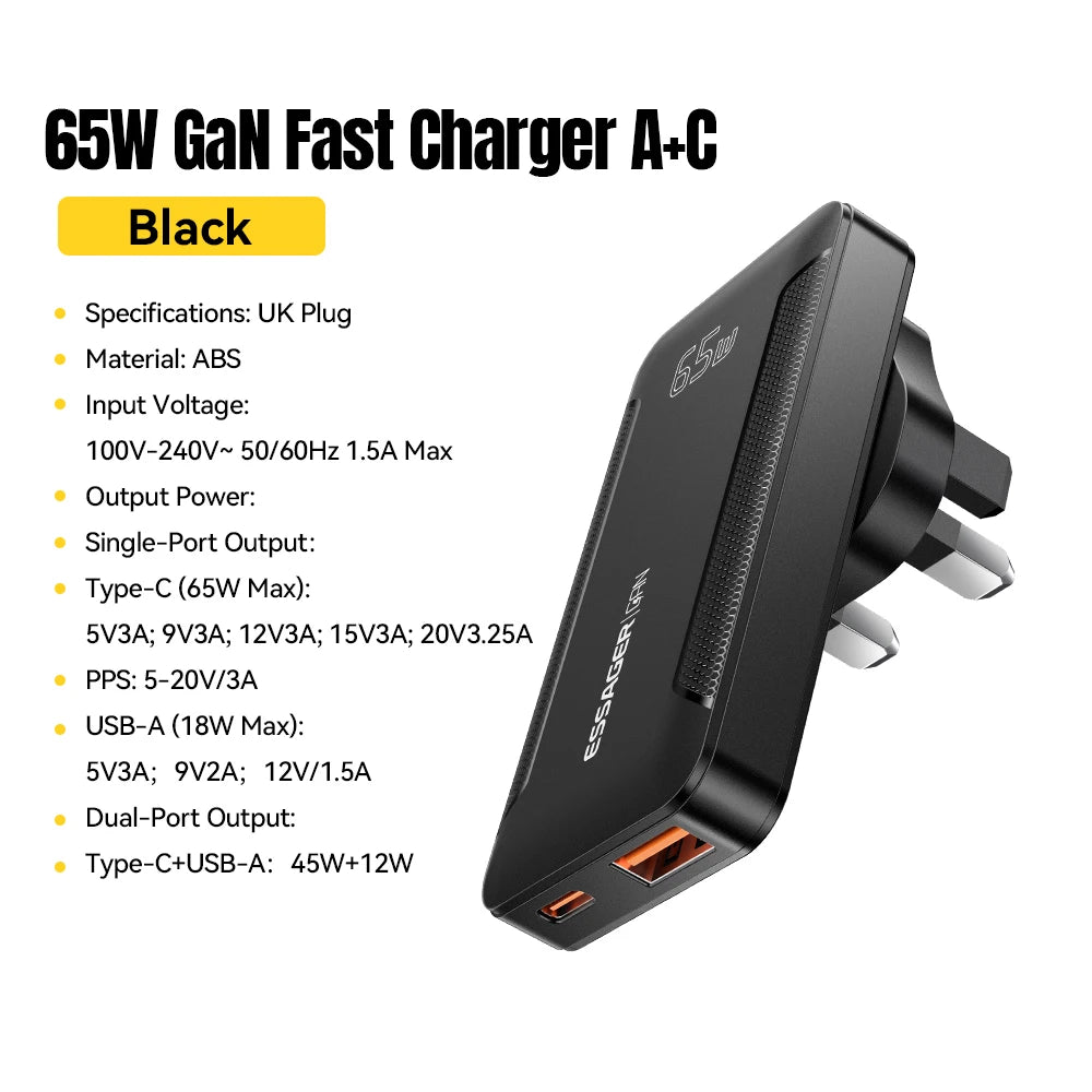 Essager Ultra Thin 65W GaN pro Travel Charger Quick Charge 4.0 PD3.0 Portable Type-C for iPhone 17 16 15Samsung MacBook Laptop
