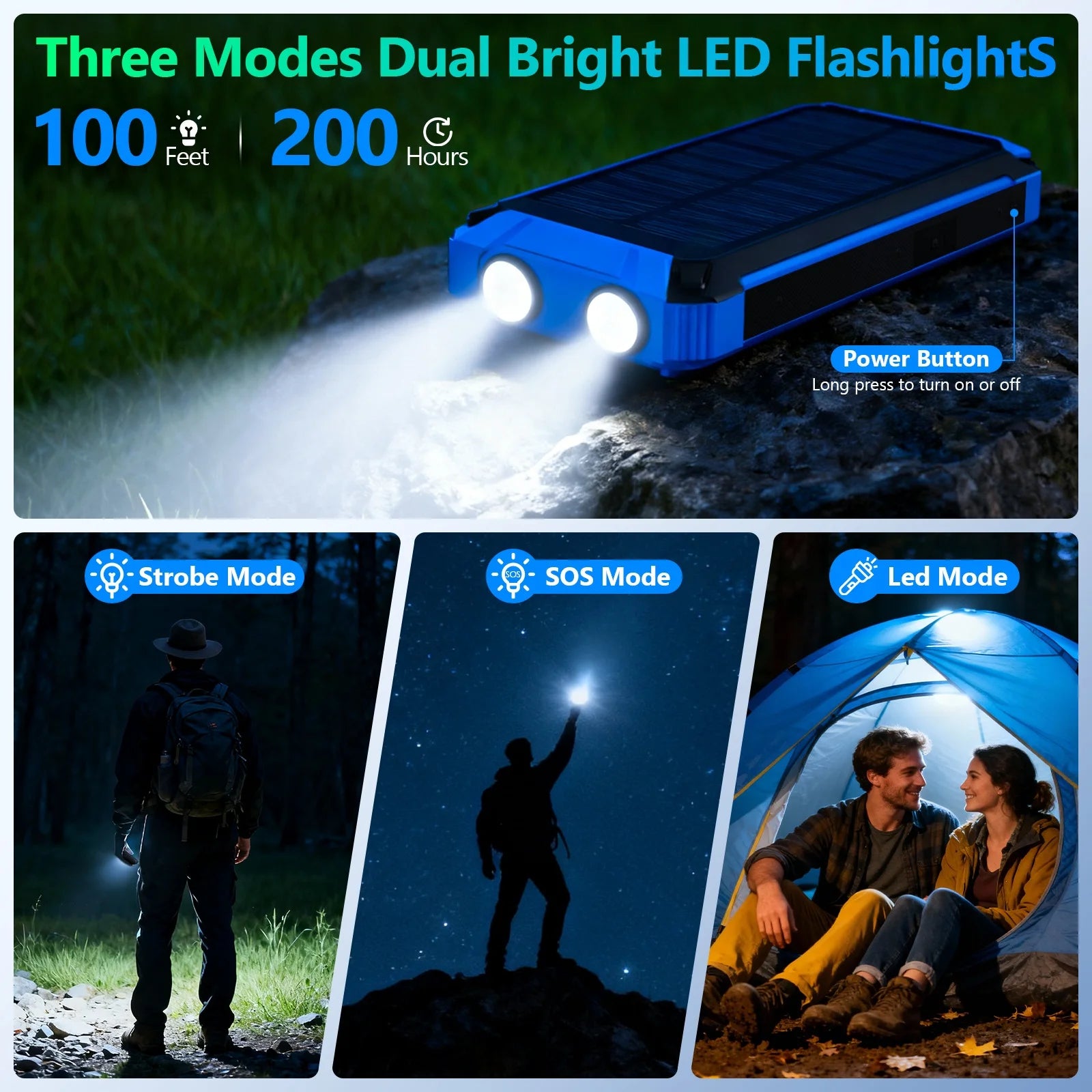 20000mAh Portable Solar Power Bank Wireless Charging 18W Dual LED Lights 4 Built-in Charging for iPhone Android Phones AirPods