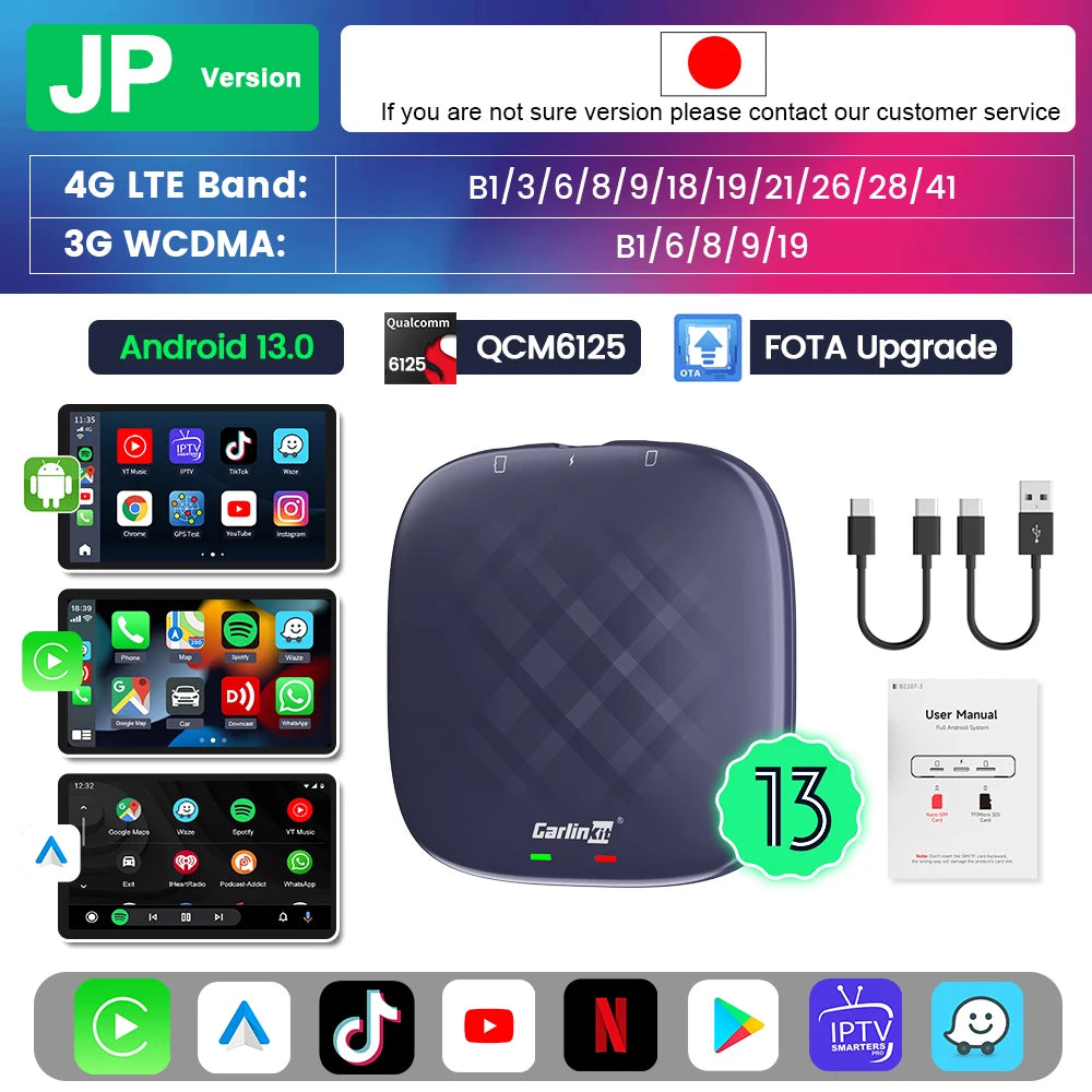 Carlinkit Ai Box Android 13 Led Wireless Android Auto & CarPlay Smart Tv Box QCM6225 Support Youtube Netflix Car Accessories