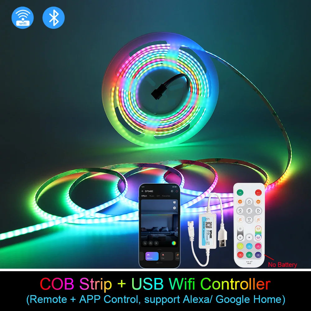 5V New 3mm Super Thin Addressable COB LED Strip RGBIC Individual Pixel Control 240LEDs WS2812B Dream Color USB Powered LED Tape