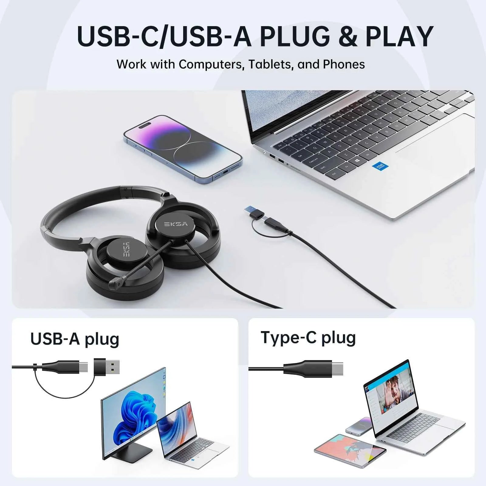 EKSA H27 Open Ear Office Headset USB-A/Type C Wired Headphones with ENC Call Noise Cancelling Microphone for PC/Phone
