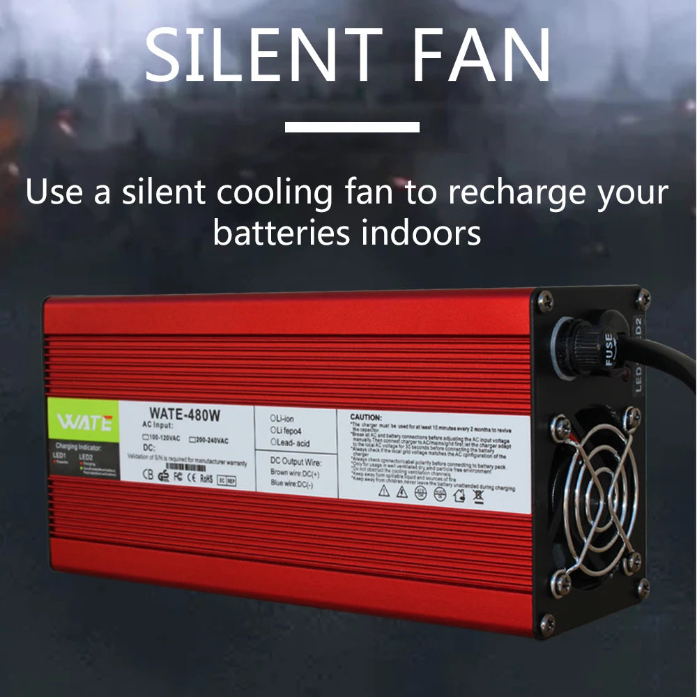 54.6V 8A Charger 13s 48V Lithium ion Battery Charger Output With Cooling Fan Red Aluminum Shell