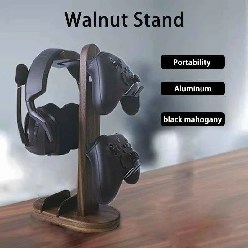 Hellodigi Headphone Stand Walnut Wood Headset Stand PS5 Controller Rack Headphone holder Aluminum Alloy Support Headset Holder
