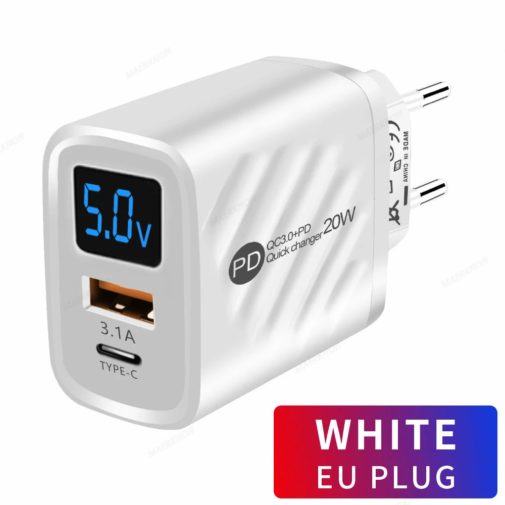 USB PD Charger 20W Fast Charging Type C Digital Display Phone Charge Adapter For iPhone Samsung Xiaomi Huawei USB C Wall Charger