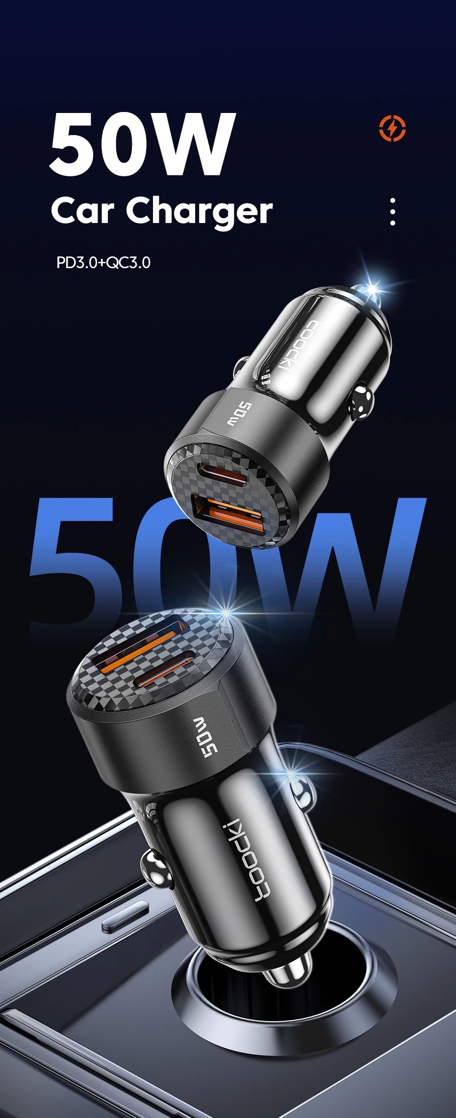 Toocki 50W QC PD 3.0 Car Charger Quick Charge 4.0 USB Type C Car Fast Charging For iPhone 12 13 14 Huawei Samsung Xiaomi POCO