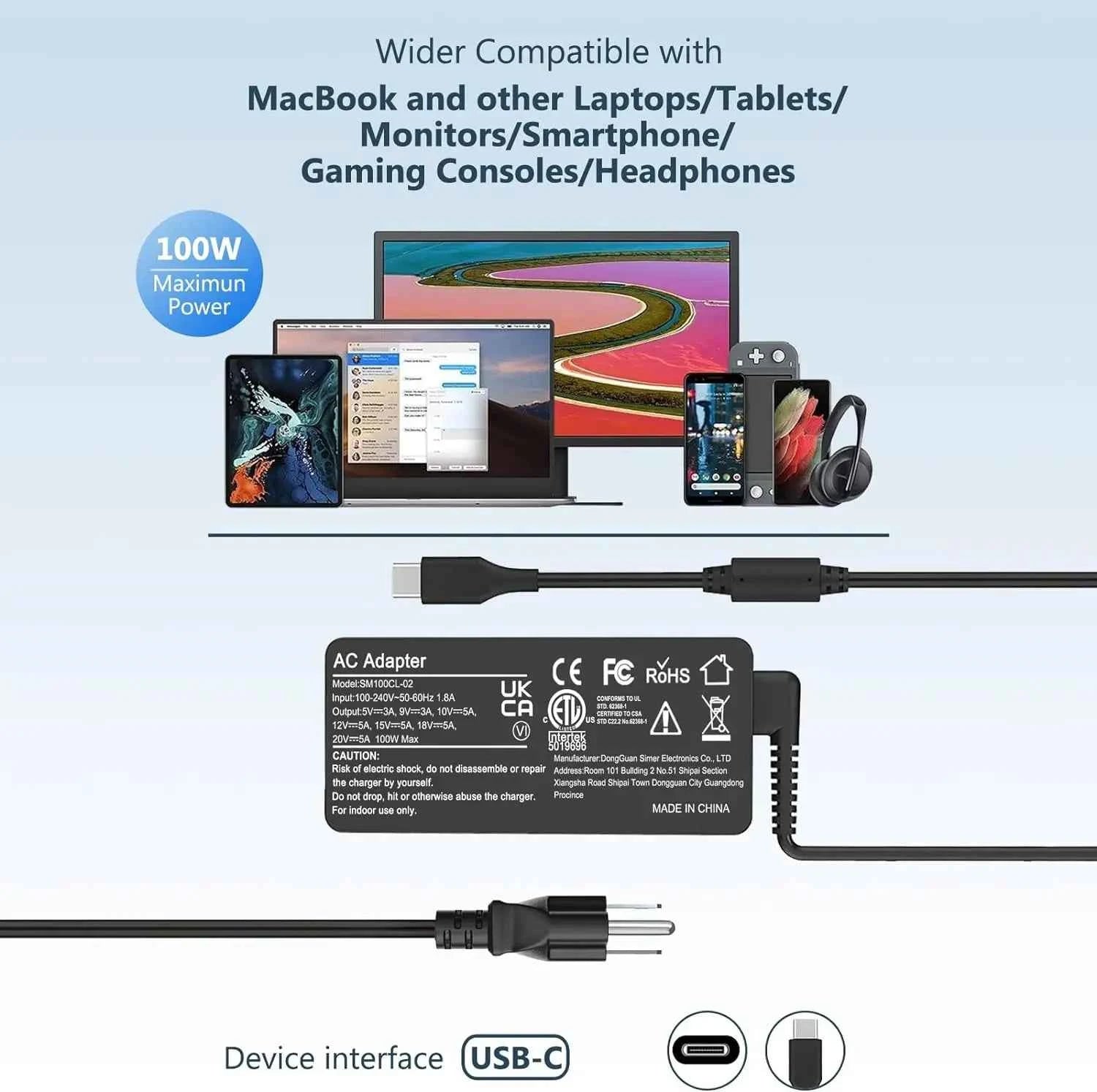 USB C Laptop Charger,100W/95W AC Laptop Power Adapter for Lenovo, ThinkPad, HP, Asus, Acer, MacBook, MSI, Dell,Toshiba,Universal