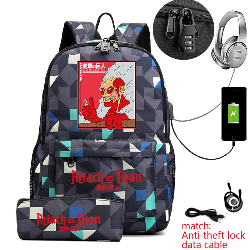 Attack on Titan Anime Print School Backpack Anti-Theft Laptop Bag for Boys Girls with Pencil Case