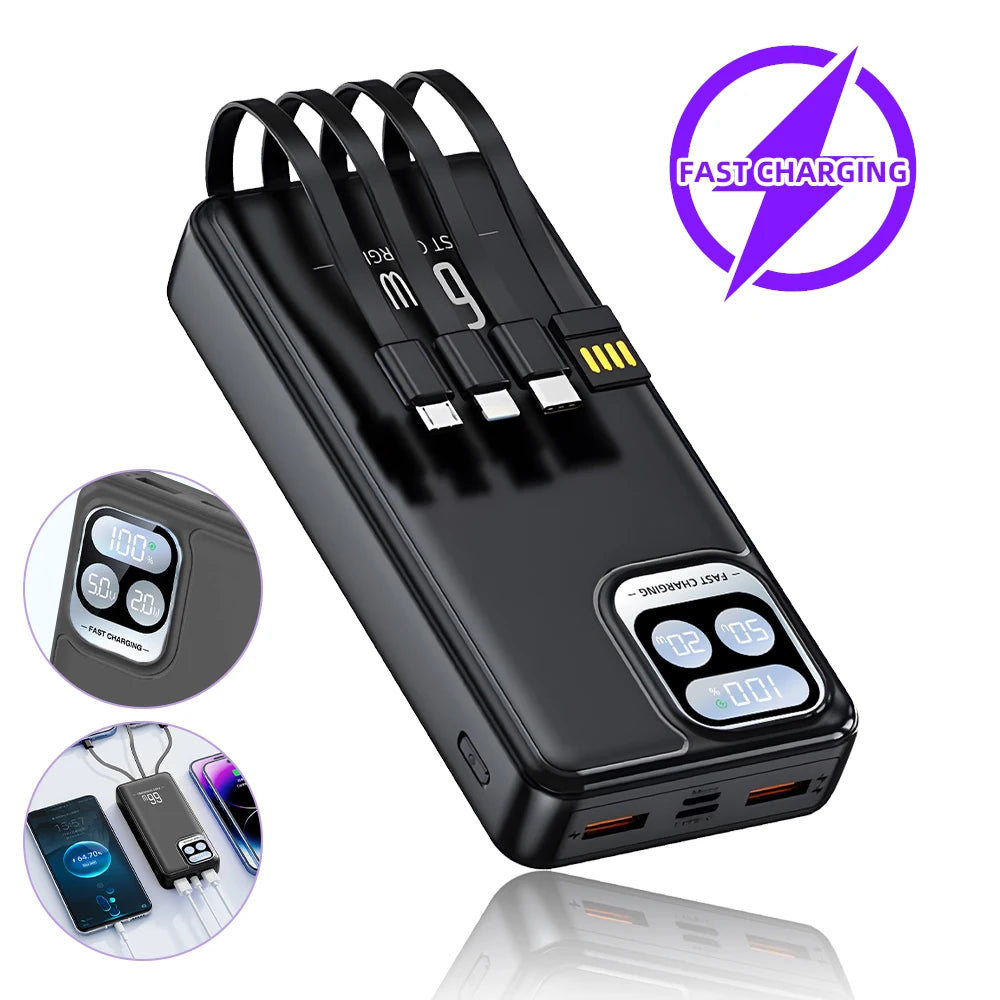 66W Fast Charging Power Bank Built-in 4 Cables LED Digital Display Portable PD20W External Battery Pack Polymer Safe Powerbank for iPhone Android Phones
