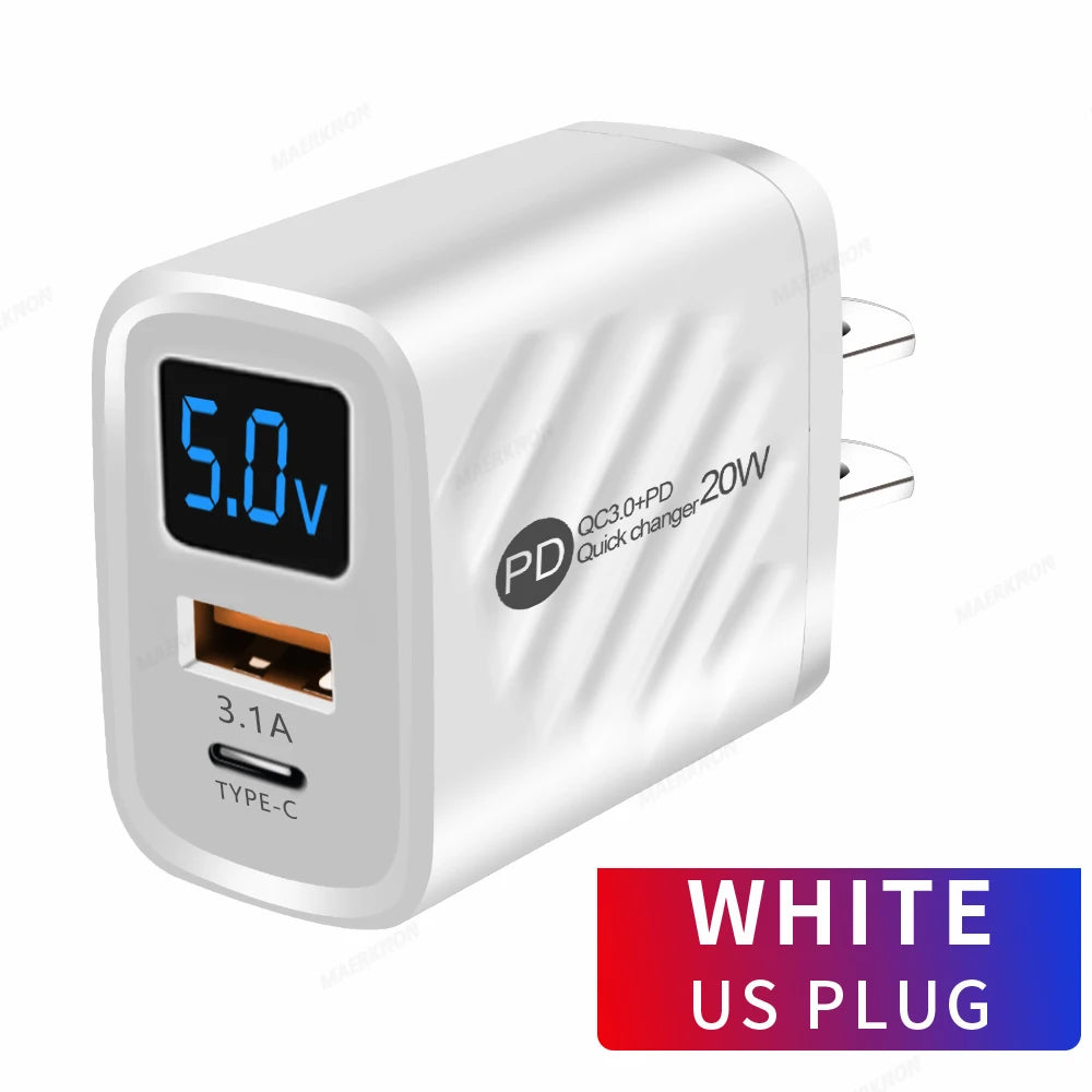 USB PD Charger 20W Fast Charging Type C Digital Display Phone Charge Adapter For iPhone Samsung Xiaomi Huawei USB C Wall Charger