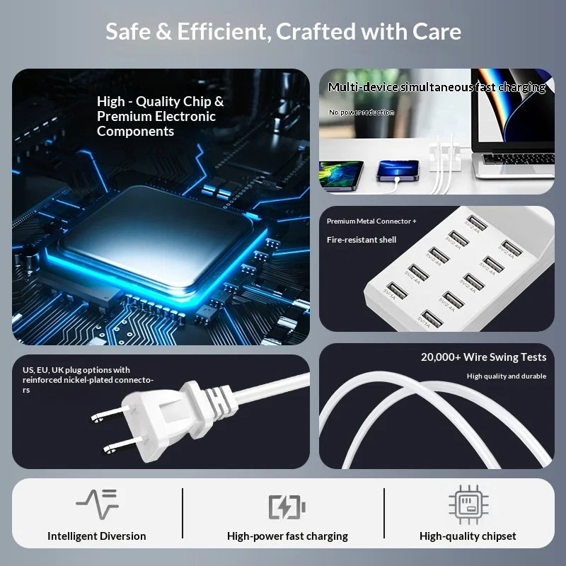 10 Ports 50W USB Charging Station QC2.0 Smart Multi USB Charger 2.4A US EU UK Plug Desktop Charger for Smartphone Tablet
