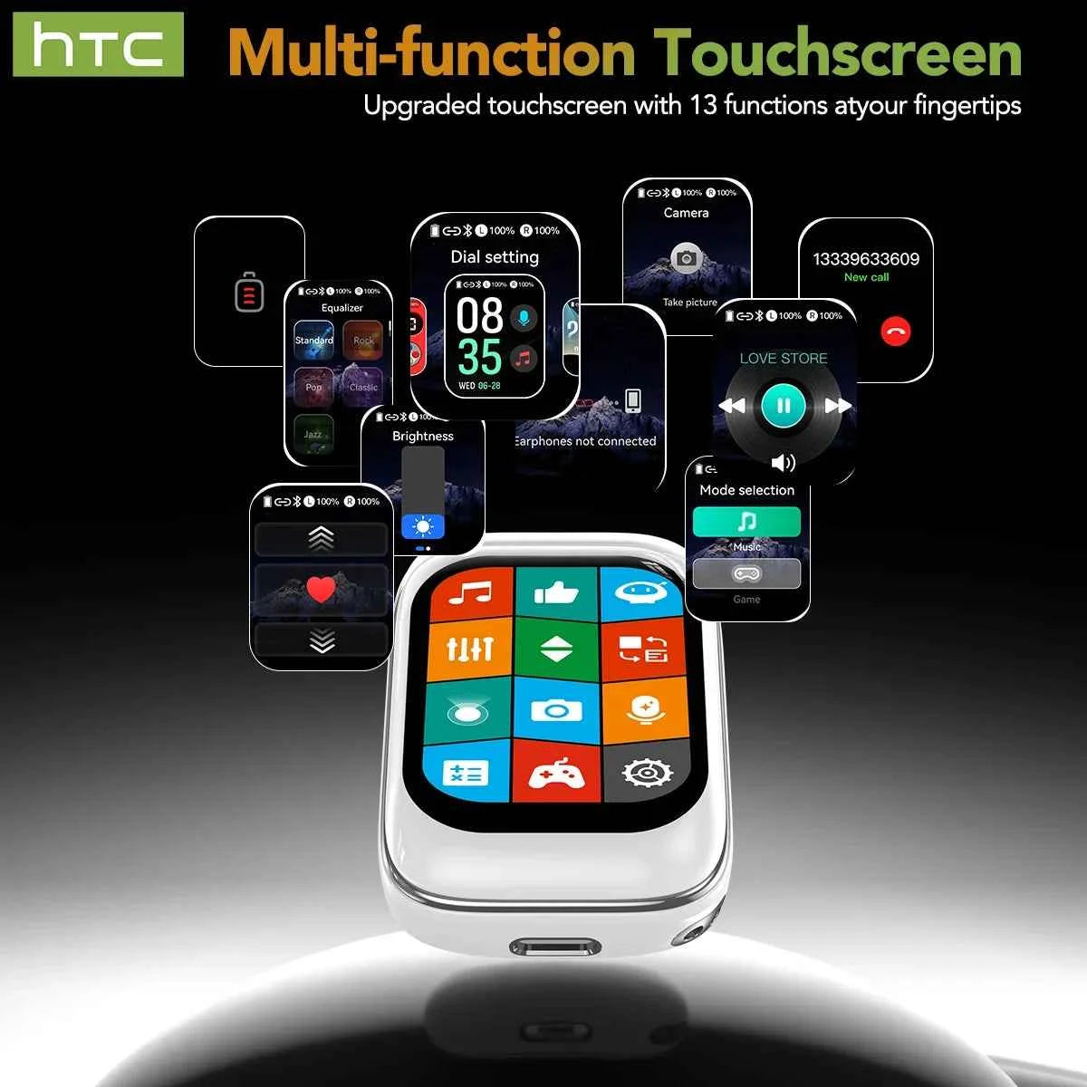 HTC NE48 Slider Headphones Wireless with a Colorful HD Display Touch Control In-Ear Bluetooth Earphones AI Translation Earbuds