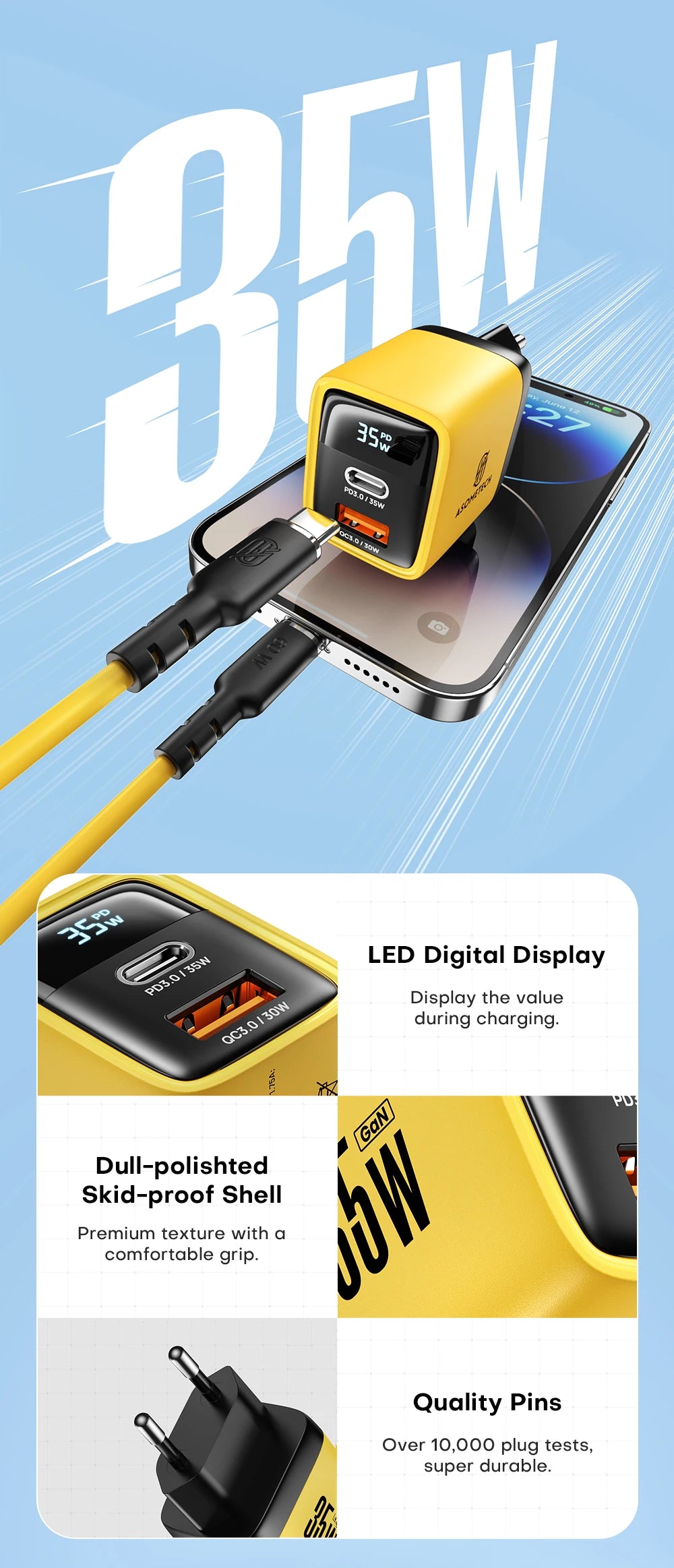 35W GaN Charger LED Display USB Charger for IPhone 14 Pro Samsung Xiaomi IPad Pro PD 3.0 QC 3.0 Quick Charger USB C Fast Charge