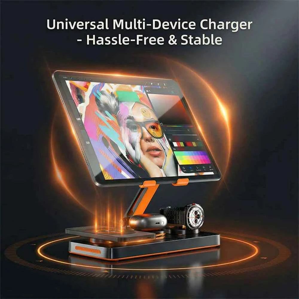 5-in-1 Wireless Charging Station 60W Fast Charger – Foldable Magnetic Stand Dock for iPhone, Apple Watch & AirPods, Desktop Tablet Holder.