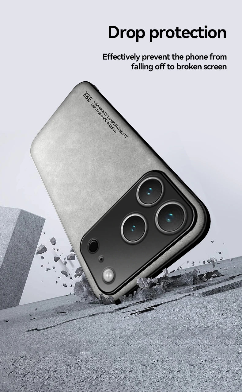 Luxury Leather Case For iPhone 17 16 15 14 13 12 11 Pro Max Plus 13 12 Mini 17 Air 16E Cover With Metal Plate Support Car Hold