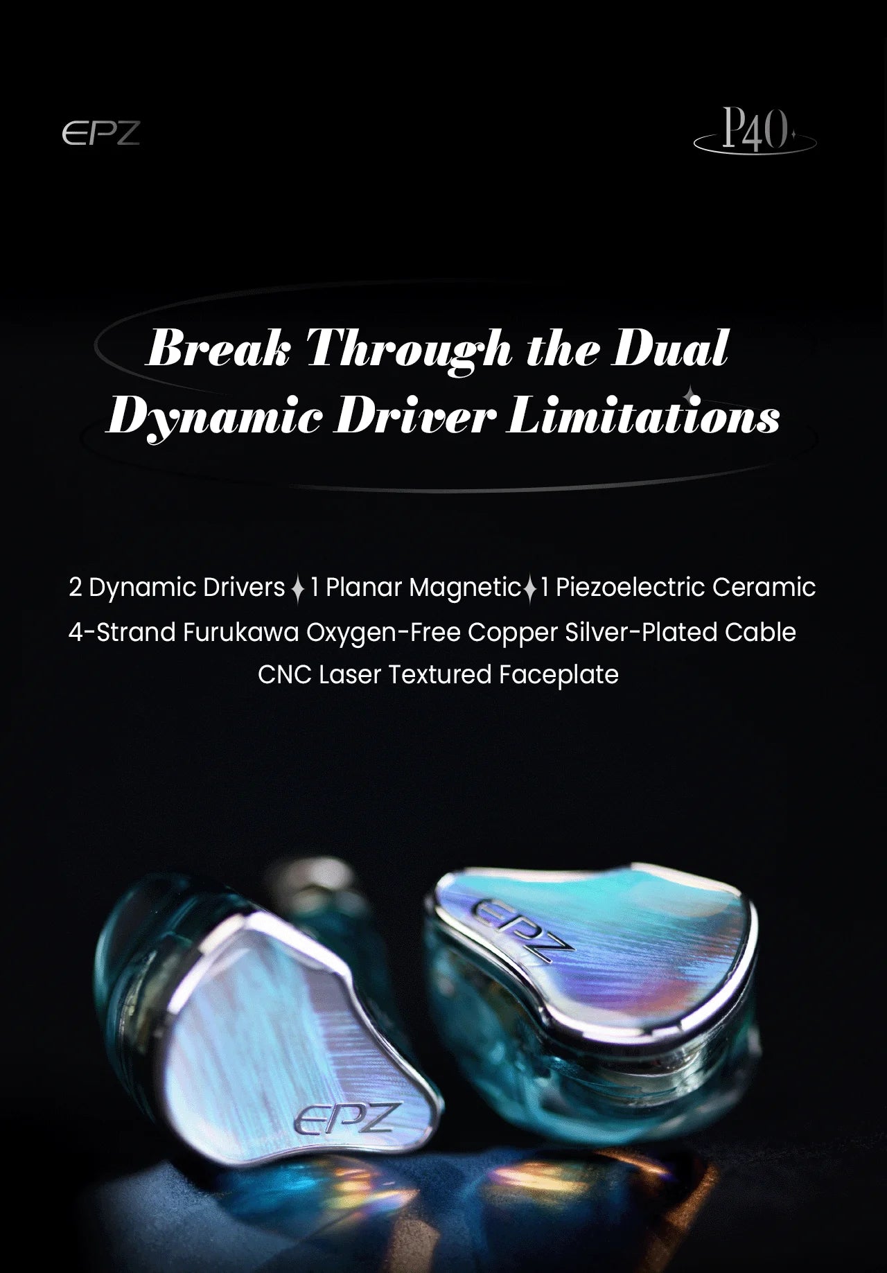 EPZ P40 PZT Ceramic In-Ear Hi-Fi Monitoring Headphones 2DD+1Planar Hybrid Drivers 3.5/4.4 Replaceable Copper Silver-Plated Cable