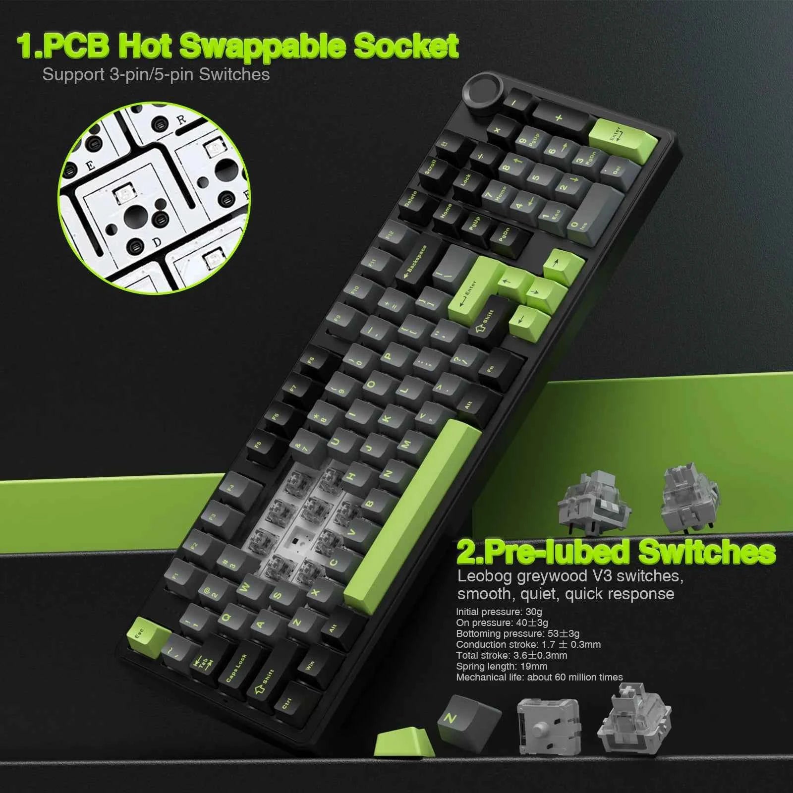 AULA F99PRO Wireless Gaming Keyboard Gasket Structure Compatible with 3/5 Pins Hot-swap Mechanical Keyboard with Media Knob