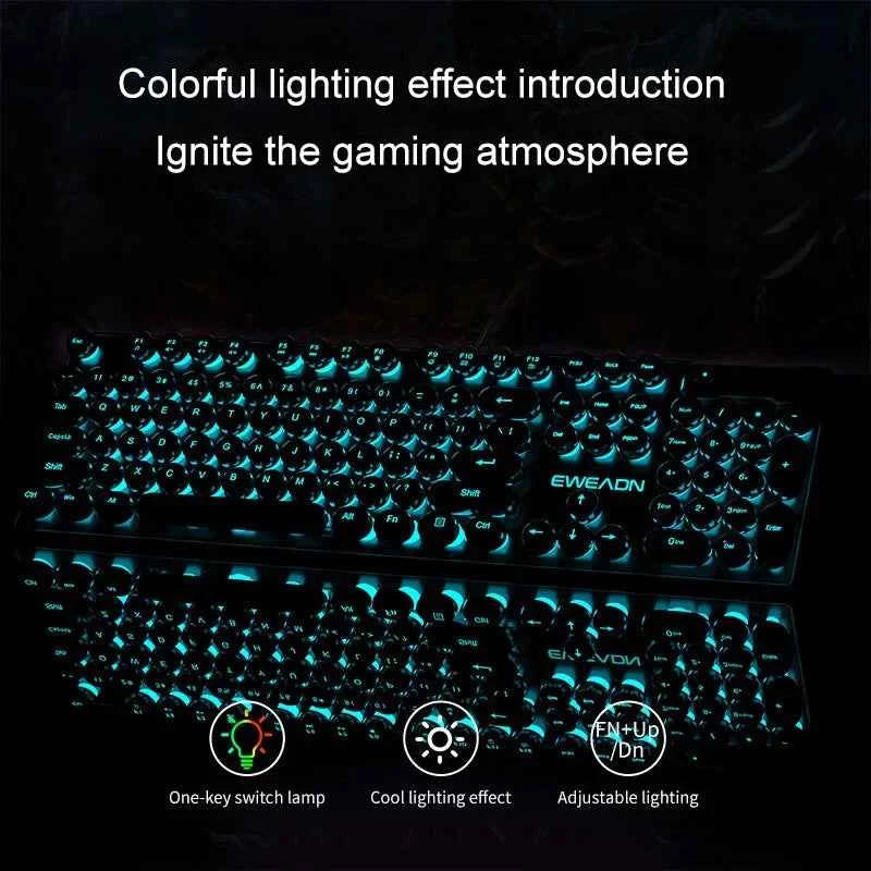 EWEADN Typewriter Gaming Keyboard, 104 Keys, Retro Punk Round Keycaps, Blue Backlight, USB Wired, for Windows PC/Laptop