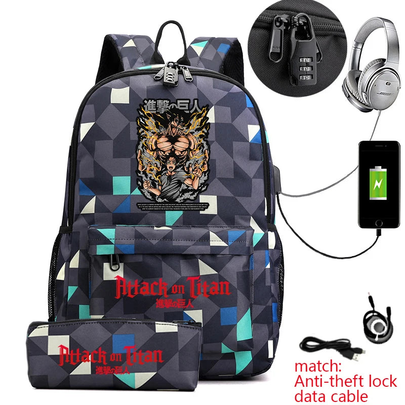 Attack on Titan Anime Print School Backpack Anti-Theft Laptop Bag for Boys Girls with Pencil Case