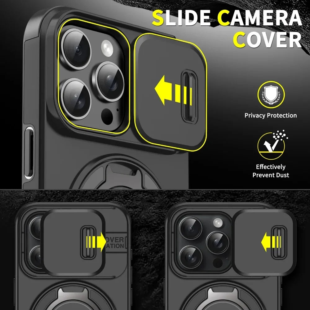 Luxury Heavy-Duty Rugged Armor Magnetic Bracket Case For iPhone 16 15 14 13 12 11 Pro Max Plus Slide Camera Protection PC Cover
