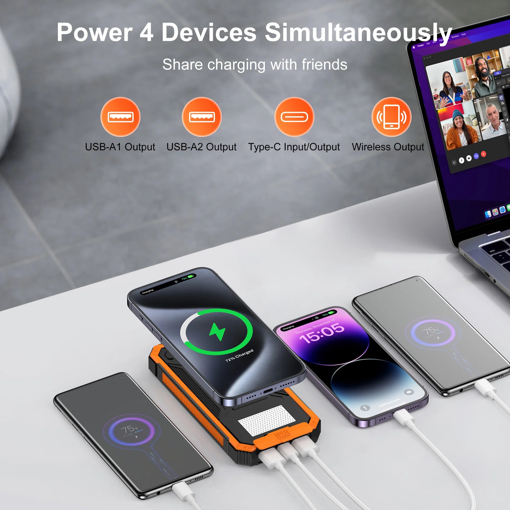 Solar Power Bank Wireless Charger 20,000mAh,Portable Solar Powered USB C Input/Output with Camping Flashlight for Cell Phone