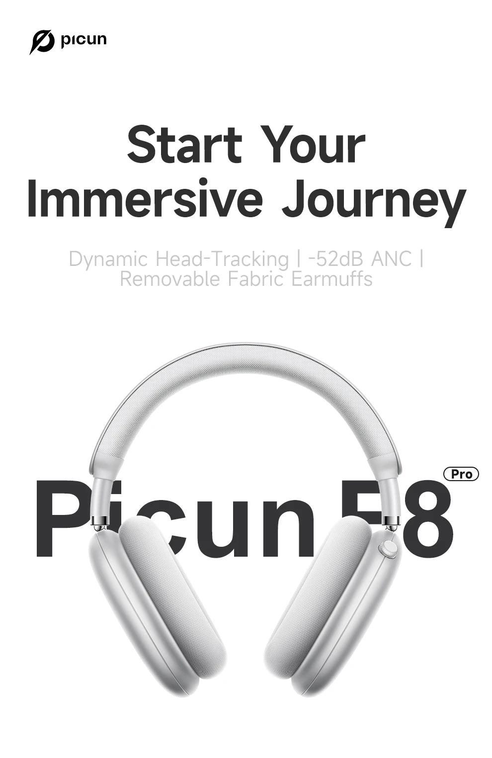 Picun F8 Pro -52dB Adaptive ANC Over Ear Headphone HIFI 3D Spatial Audio Wireless Earphone Bluetooth 6.0 140H Time Headset