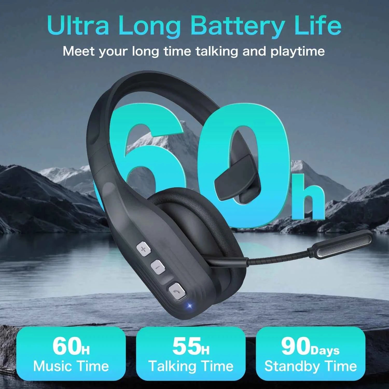 Truck Driver Headset with Dual Mic Noise Cancelling Bluetooth 5.3 Headphones Wireless Earbuds with Hands-Free for Office Driving