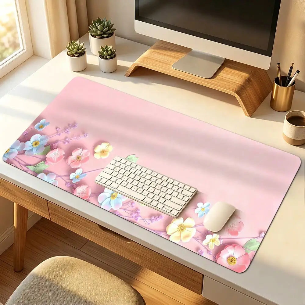 1pc, 31.50 X 11.81 Pink Floral Blossom Large Waterproof Mouse Pad, Antislip Desk Protector For Keyboard, Mouse, Smooth For Gaming, Desk Accessory, For Home