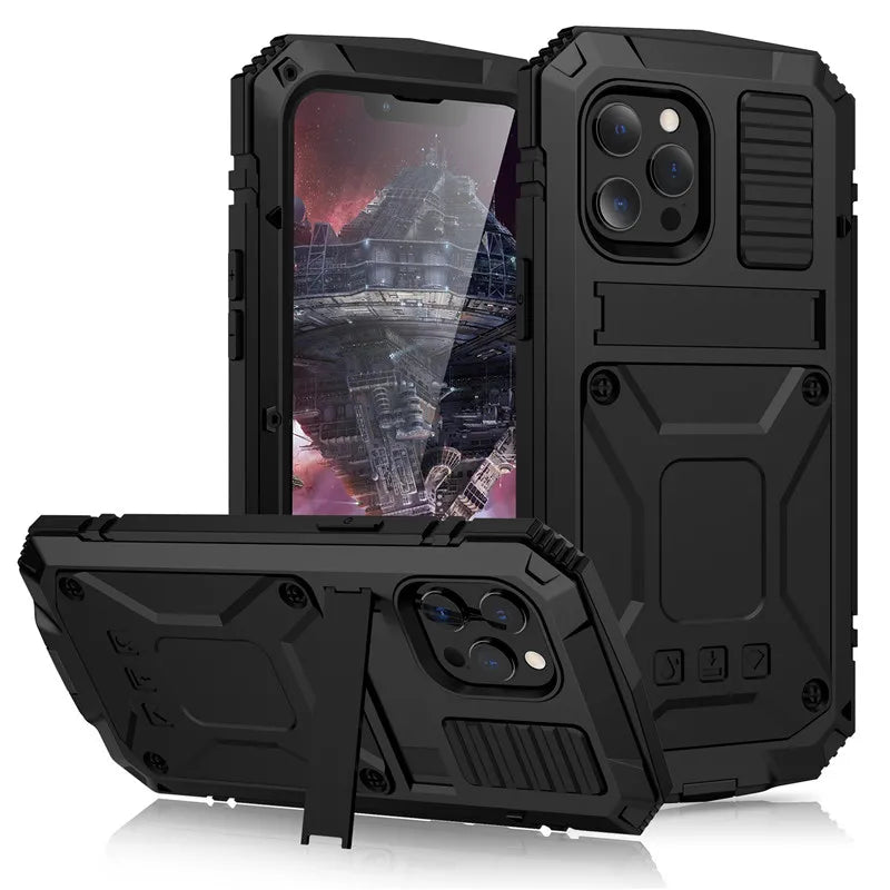 for iPhone 14 13 12 Pro Max Mini 11 Pro Max Case Full-Body Rugged Armor Shockproof Protective Kickstand Aluminum Metal Cover