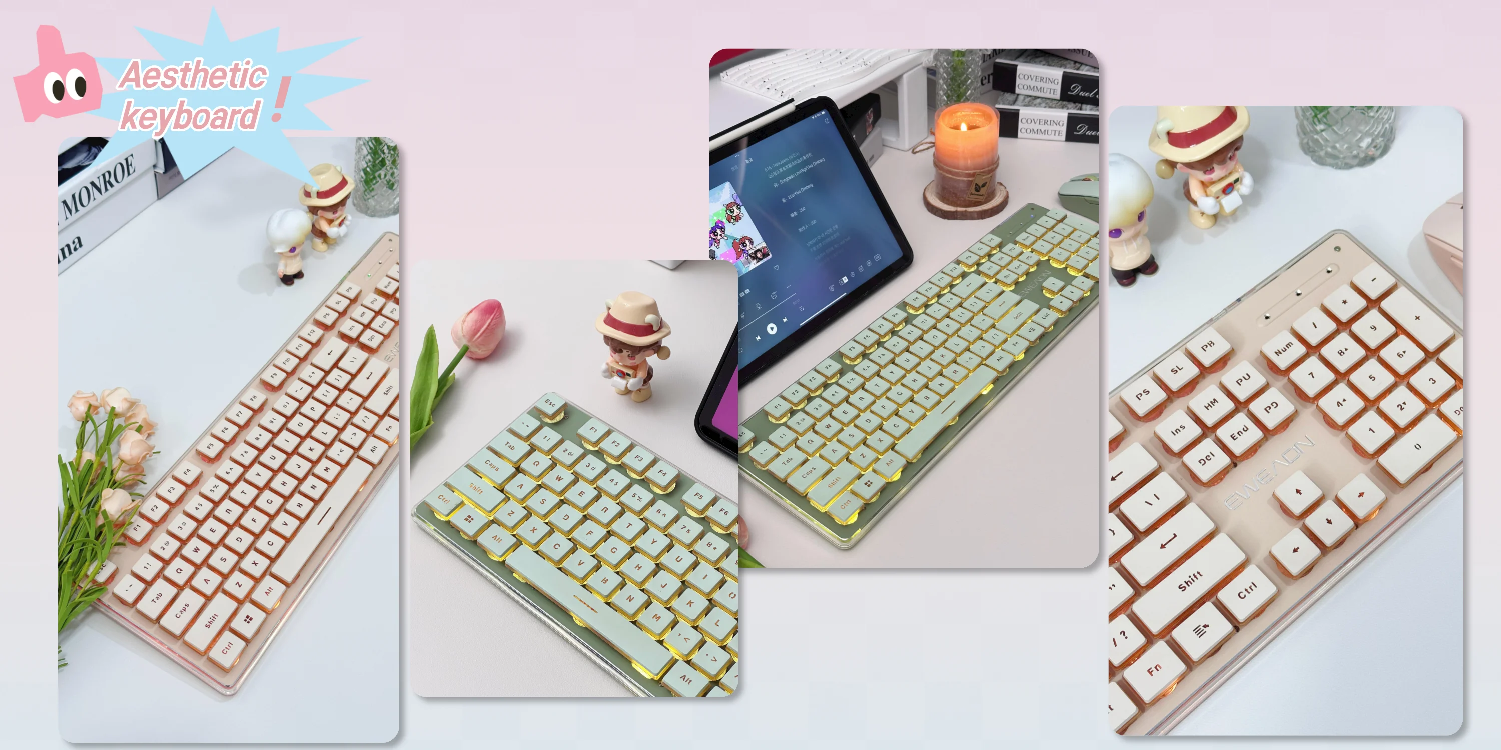 EWEADN V3 wireless Silent Office keyboard and mouse set,104 Keys Full Size with Pudding Keycaps, for Games and Office, Laptop/PC
