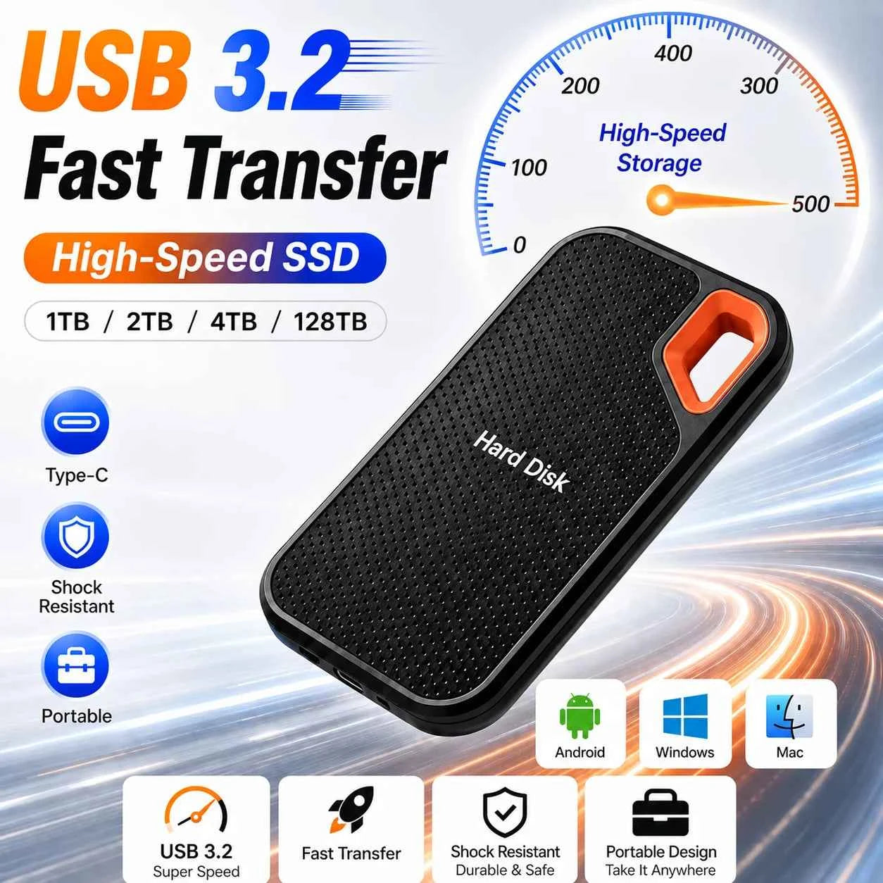 External Portable SSD 1TB Solid State Hard Drive 2TB Reliable Data Storage Disk for  PC/Mac/Phone