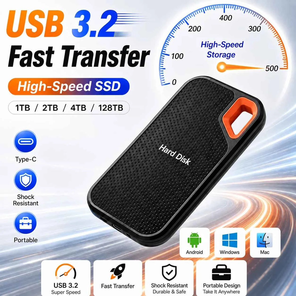 External Portable SSD 1TB Solid State Hard Drive 2TB Reliable Data Storage Disk for  PC/Mac/Phone