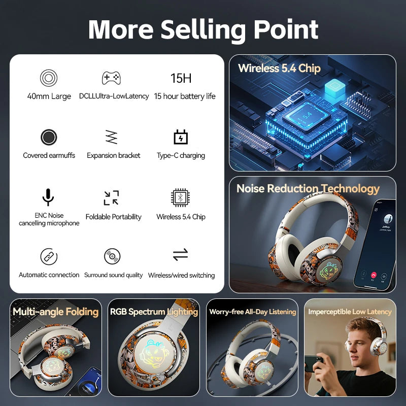 Graffiti Wireless Gaming Headphones 360° Stereo Sound, Support AUX/TF Card Mode Hi-Res Audio, Over Ear Foldable Lightweight