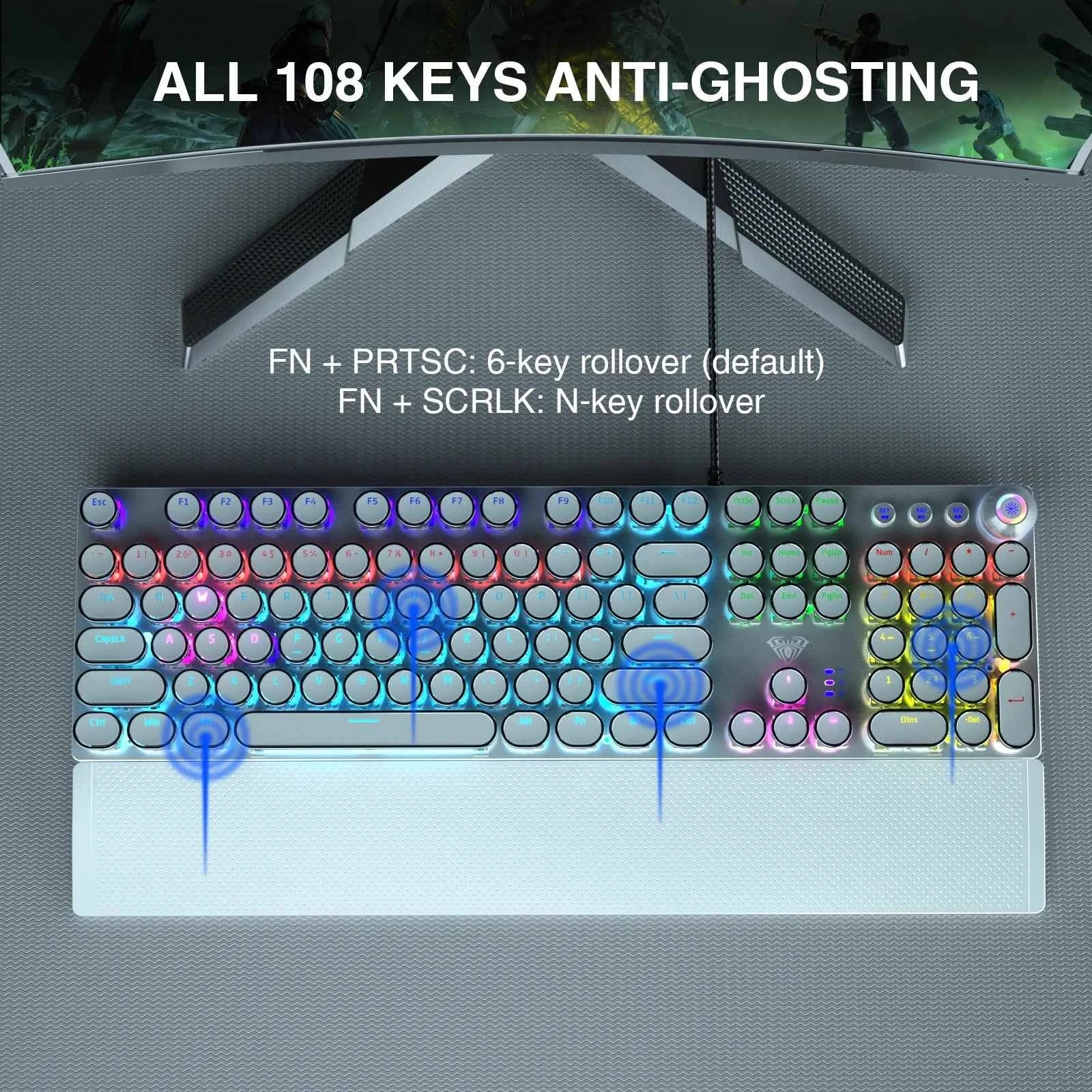 F2088 Mechanical Keyboard Round 104 keys Blue Mechanical Switch Gaming Keyboard RGB Backlit Ergonomic Design