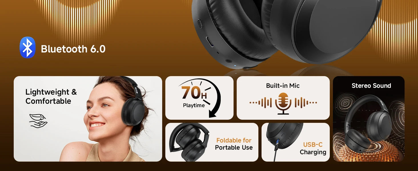 Acer OHR205 Wireless Bluetooth 6.0 Headphones Foldable Over-Ear Headphones Memory Foam Earpads Multipoint for Travel,Home,Office