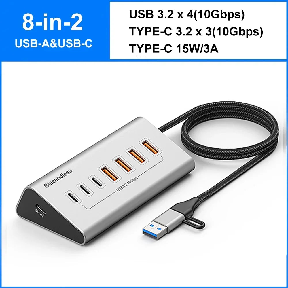 USB 3.2 10Gbps Hub USB Docking Station Type C Splitter with Card Reader Aluminum Alloy Multi 8/9 Ports Switch For PC Laptop