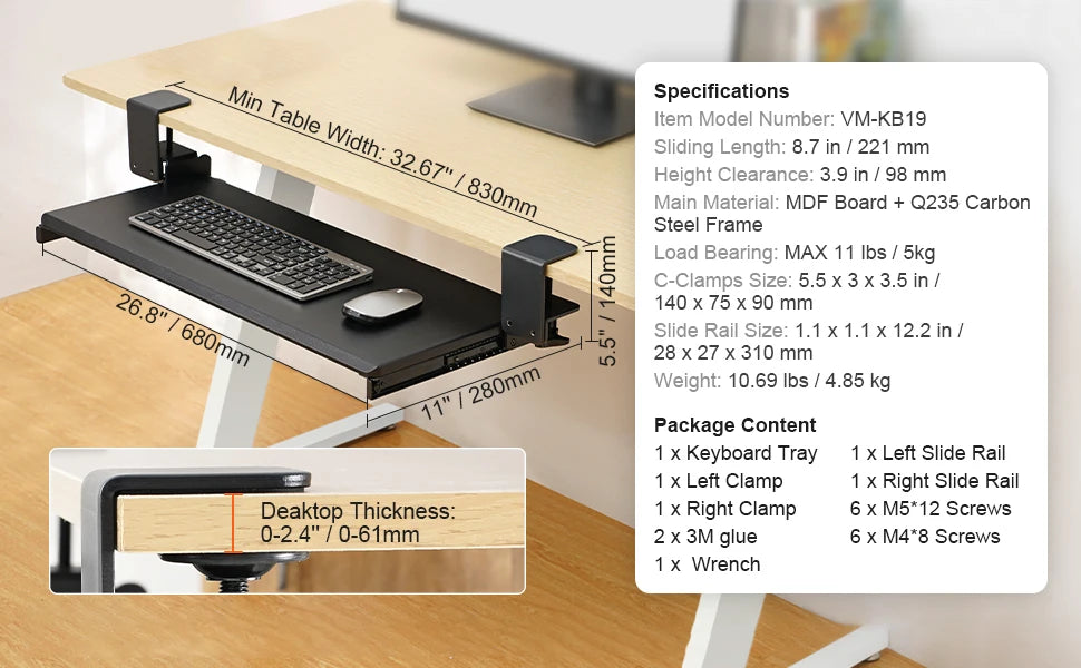 SucceBuy 26.8in Under Desk Keyboard Tray Slide in/out Ergonomic Universal Keyboard Tray No-Drilling C-Clamps Easy to Install