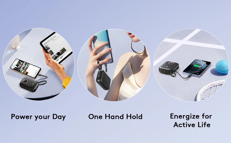 10000mAh Mini Power Bank，Ultra Compact Portable Charger with Built-in Cable，22.5W Fast Charger for iPhone Samsung Android.