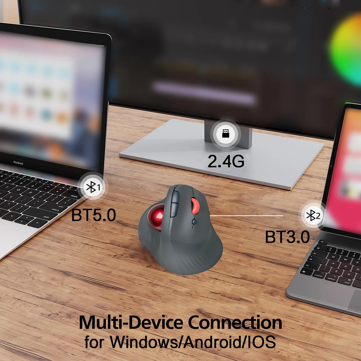 Ergonomic Bluetooth/2.4G Wireless Trackball Mouse for PC/Laptop/Desktop,Rechargeable Optical Vertical Mouse with Silent Design