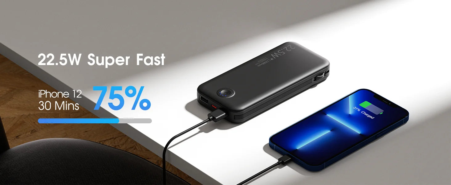Portable Charger for iPhone Built in Cables and Wall Plug,12000mAh Slim Fast Charging USB C Power Bank,Travel Essential