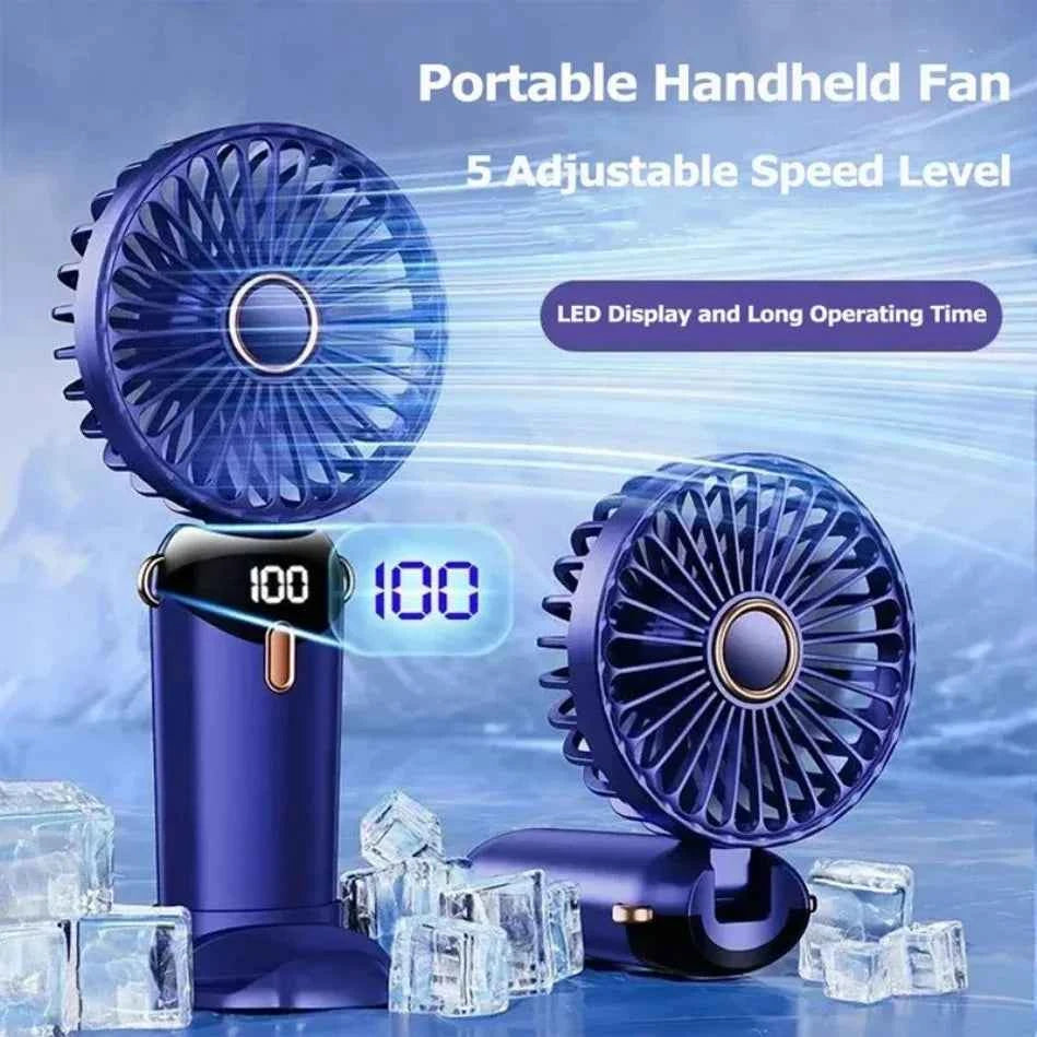 Folding Fan with Phone Stand, 5-Speed USB-C Rechargeable, LED Display Handheld & Desk Fan, Portable Fan for Outdoor Travel Gift