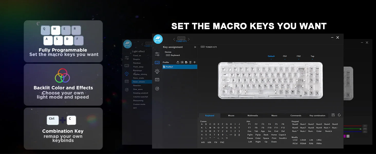 YUNZII X71 68% Layout Wireless BT/2.4G/USB-C Gasket Hot-Swap Transparent RGB Mechanical Gaming Keyboard with Clear Keycaps