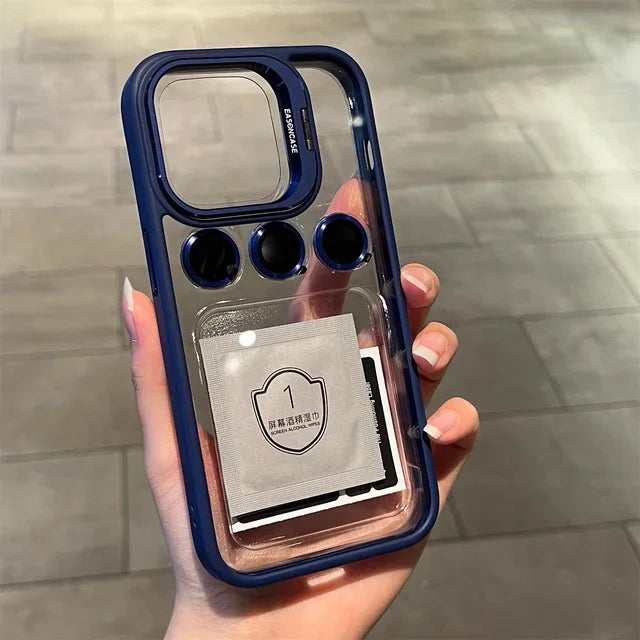 Lens Metal Ring Protector Stand Case For iPhone 15 16 14 13 12 11 Pro Max 16 Plus Camera Glass Protection Transparent Back Cover