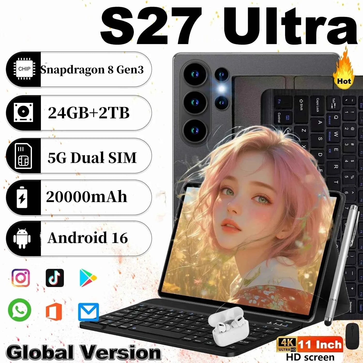 2026 5G Tablet Android 16 Brand New 11 inch 24GB RAM 2TB ROM Tablet 20000mAh 10Core WIFI Bluetooth Network MI Tablet