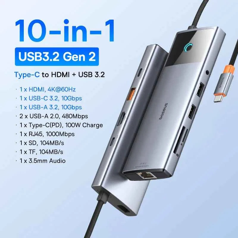 Baseus USB C HUB Dual HDMI 8K 4K Adapter 10-in-1 USB 3.2 10Gbps Splitter with RJ45 SD TF Type C PD 100W for MacBook Pro Air HUB
