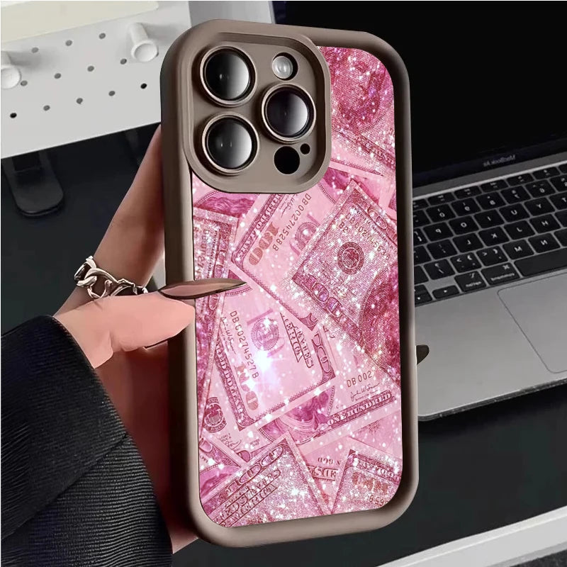 Pink Dollars Full-Coverage Banknote Design Silicone Phone Case For iPhone 17AIR 16 15 14 13 12 11PROMAX Cover