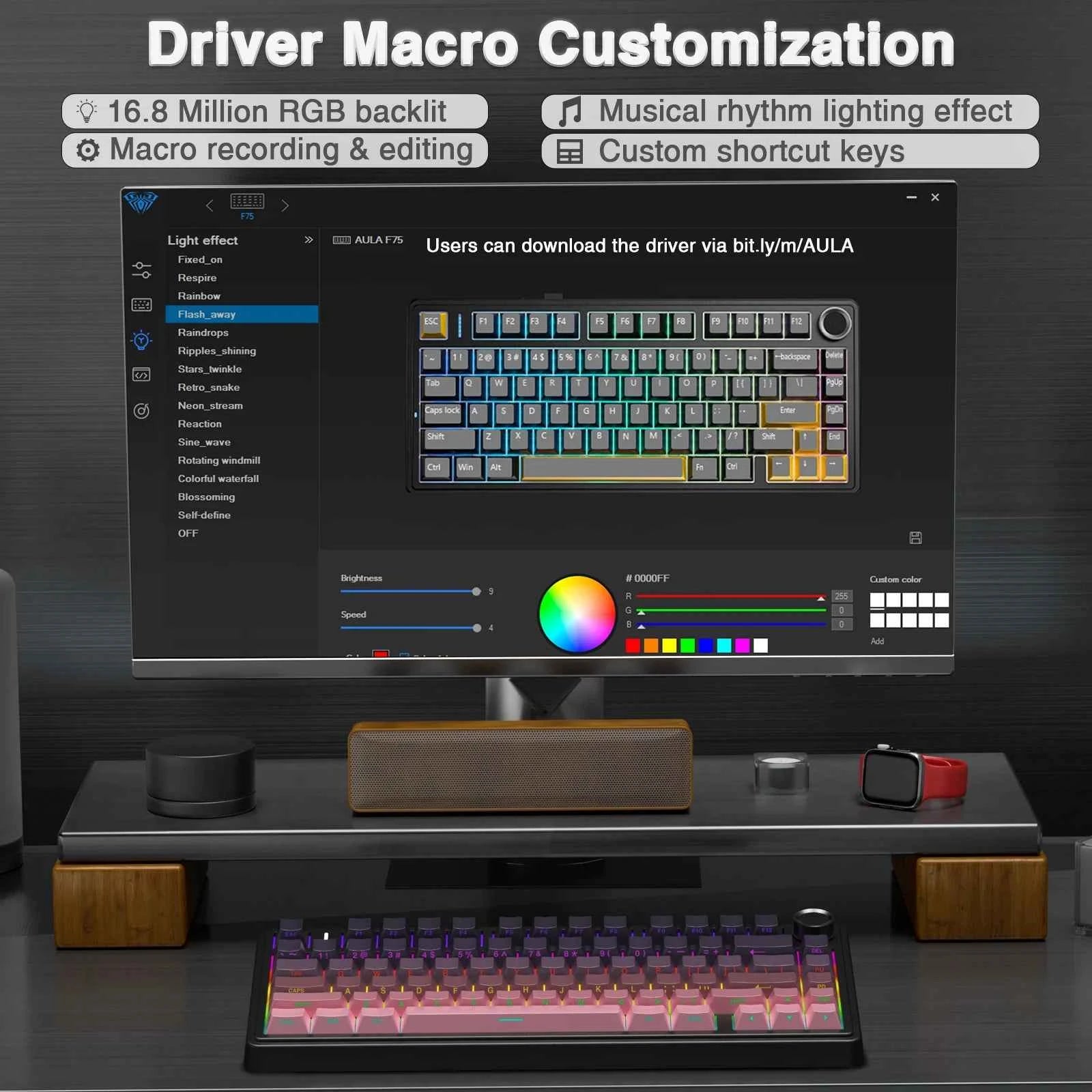 AULA F75Pro Wireless Gaming Mechanical Keyboard 75% Customized RGB Layout Gasket Mounted Side-engraving PBT Keycaps