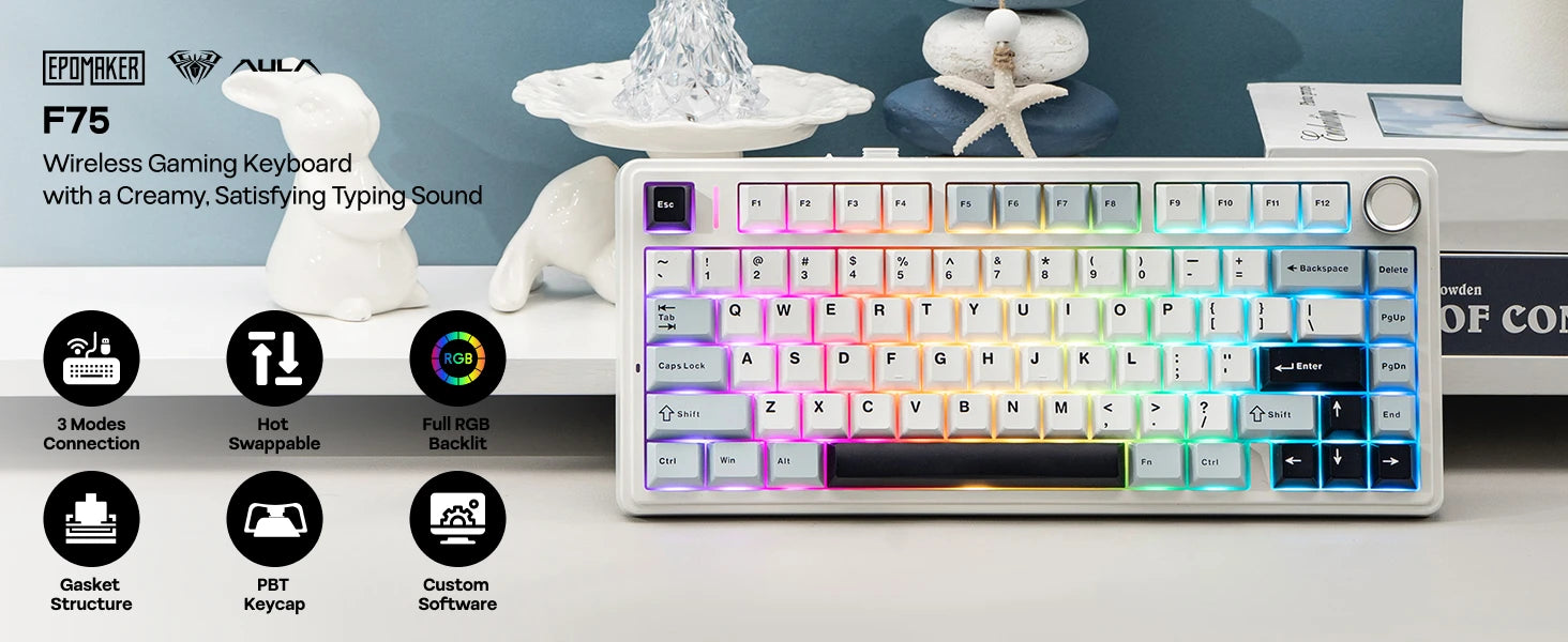 EPOMAKER x AULA F75 75% ANSI Layout Hot-Swap Wired/Bluetooth/2.4GHz Wireless Mechanical Keyboard With Multimedia Control Knob