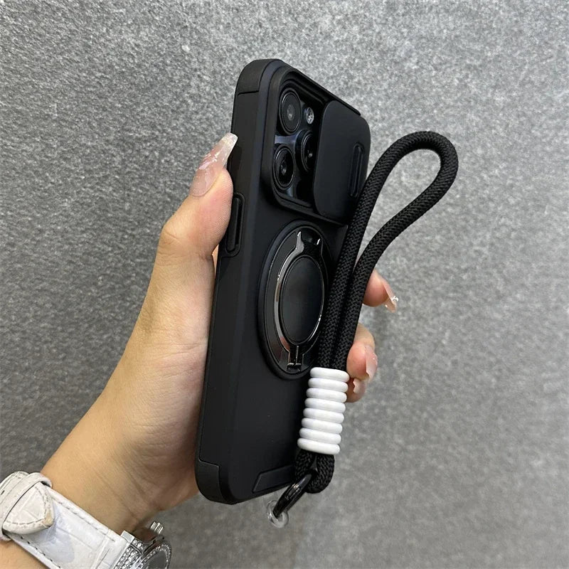 Armor Magnetic Bracket Case for iPhone 16e 16 14 13 12 11 15 Pro Max Plus With Lanyard Slide Camera Protection Shockproof Cover
